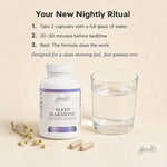 A bottle of Glenari Sleep Harmony capsules shown beside a glass of water and two capsules on a warm beige background, with text reading 'Your New Nightly Ritual' and instructions on how to take the capsules.