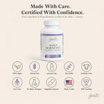 A white bottle of Glenari Sleep Harmony dietary supplement centered on a light beige background, with marketing text above and feature icons below. The bottle label reads 'Glenari' and 'Sleep Harmony.