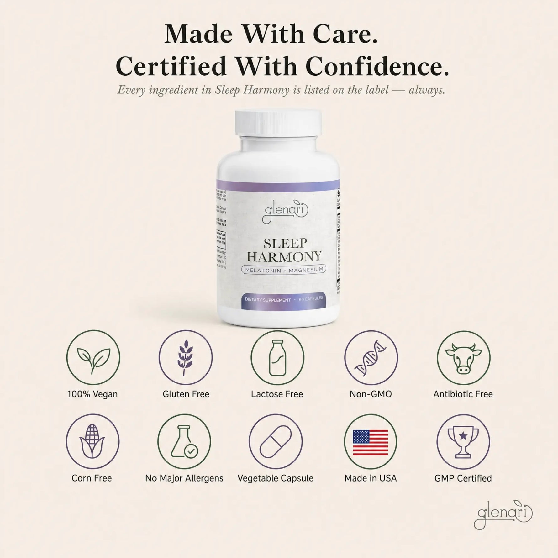 A white bottle of Glenari Sleep Harmony dietary supplement centered on a light beige background, with marketing text above and feature icons below. The bottle label reads 'Glenari' and 'Sleep Harmony.