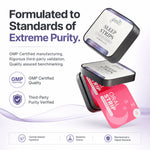 Promotional graphic for sleep and oral strips showing two black rectangular product boxes with printed labels, one labeled 'SLEEP STRIPS' and one labeled 'ORAL STRIPS,' alongside marketing text about GMP certification and third-party purity.