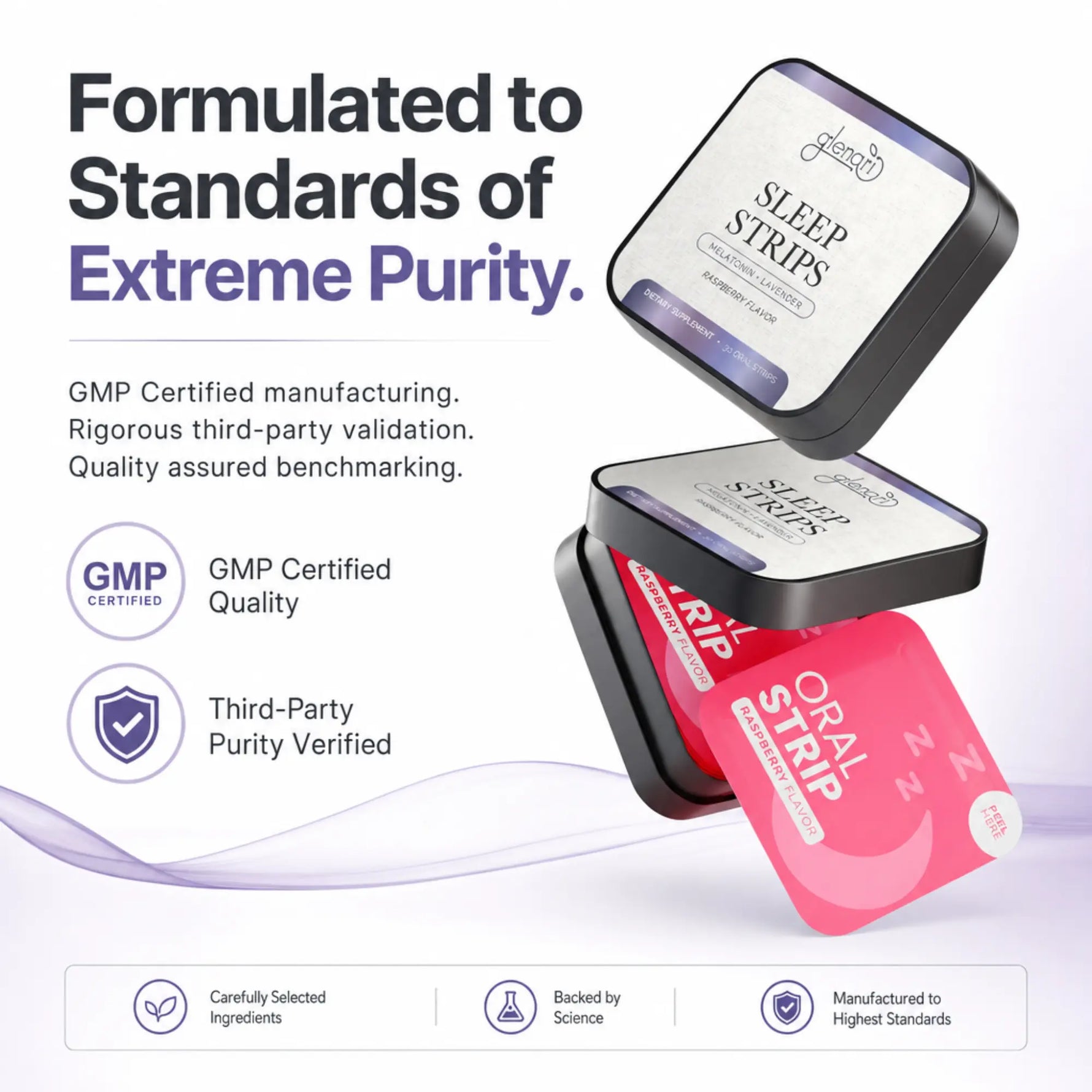 Promotional graphic for sleep and oral strips showing two black rectangular product boxes with printed labels, one labeled 'SLEEP STRIPS' and one labeled 'ORAL STRIPS,' alongside marketing text about GMP certification and third-party purity.
