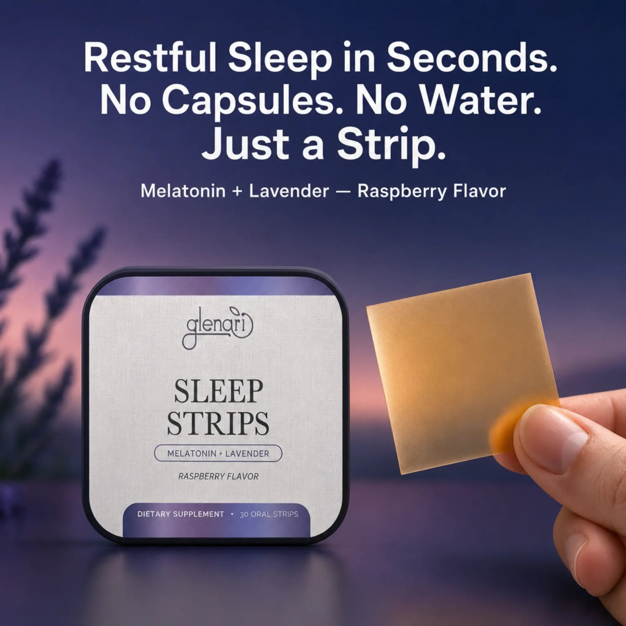 A hand holds a translucent sleep strip next to a Glenari Sleep Strips container on a dark blue background with promotional text about melatonin and lavender in raspberry flavor.