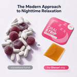 Promotional comparison graphic for a sleep aid product. On the left, conventional tablets and dark red gummy candies are labeled 'conventional format.