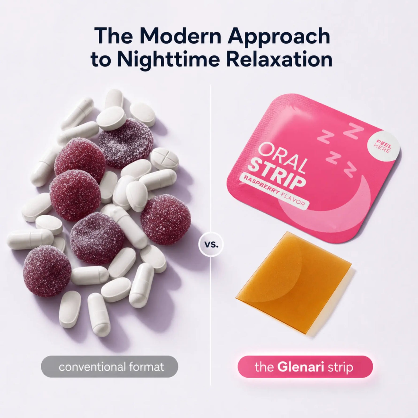 Promotional comparison graphic for a sleep aid product. On the left, conventional tablets and dark red gummy candies are labeled 'conventional format.