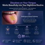 An infographic-style product explainer for a tongue-dissolving strip. The design has a dark blue background with large headline text, a close-up photo of a tongue with a yellow square strip applied, and a step-by-step diagram labeled place, dissolve, absorb, and deliver.