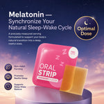 Melatonin oral strip sleep aid shown in a promotional graphic. The product consists of a pink wrapper labeled 'ORAL STRIP RASPBERRY FLAVOR' and one exposed golden-yellow strip, displayed on a pedestal against a starry night sky background.