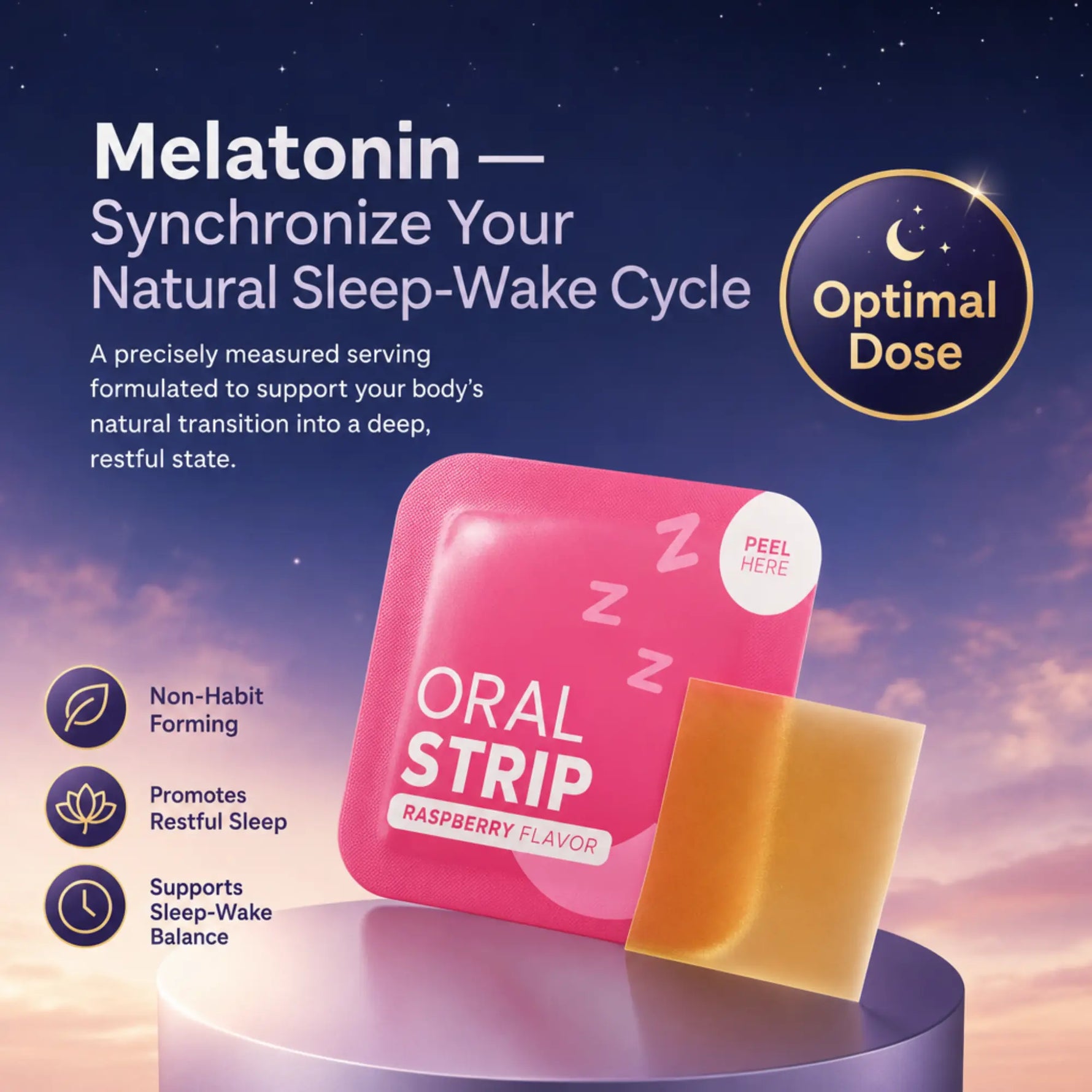 Melatonin oral strip sleep aid shown in a promotional graphic. The product consists of a pink wrapper labeled 'ORAL STRIP RASPBERRY FLAVOR' and one exposed golden-yellow strip, displayed on a pedestal against a starry night sky background.