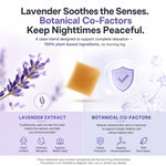 An informational product graphic for lavender night cream. The top section features marketing text about lavender soothing senses and botanical co-factors, accompanied by illustrations of purple lavender flowers, a bar of pale yellow soap, and a white shield icon.