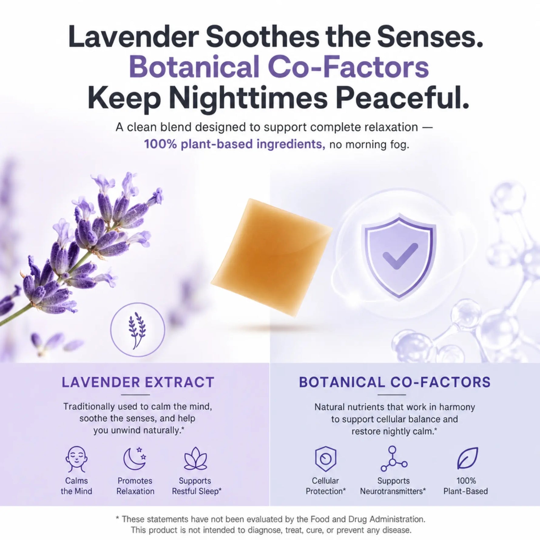 An informational product graphic for lavender night cream. The top section features marketing text about lavender soothing senses and botanical co-factors, accompanied by illustrations of purple lavender flowers, a bar of pale yellow soap, and a white shield icon.