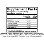 A supplement facts label for a melatonin oral strip product, showing serving size, servings per container, and a list of ingredients including melatonin, valerian root extract, lavender extract, chamomile extract, and hibiscus extract.