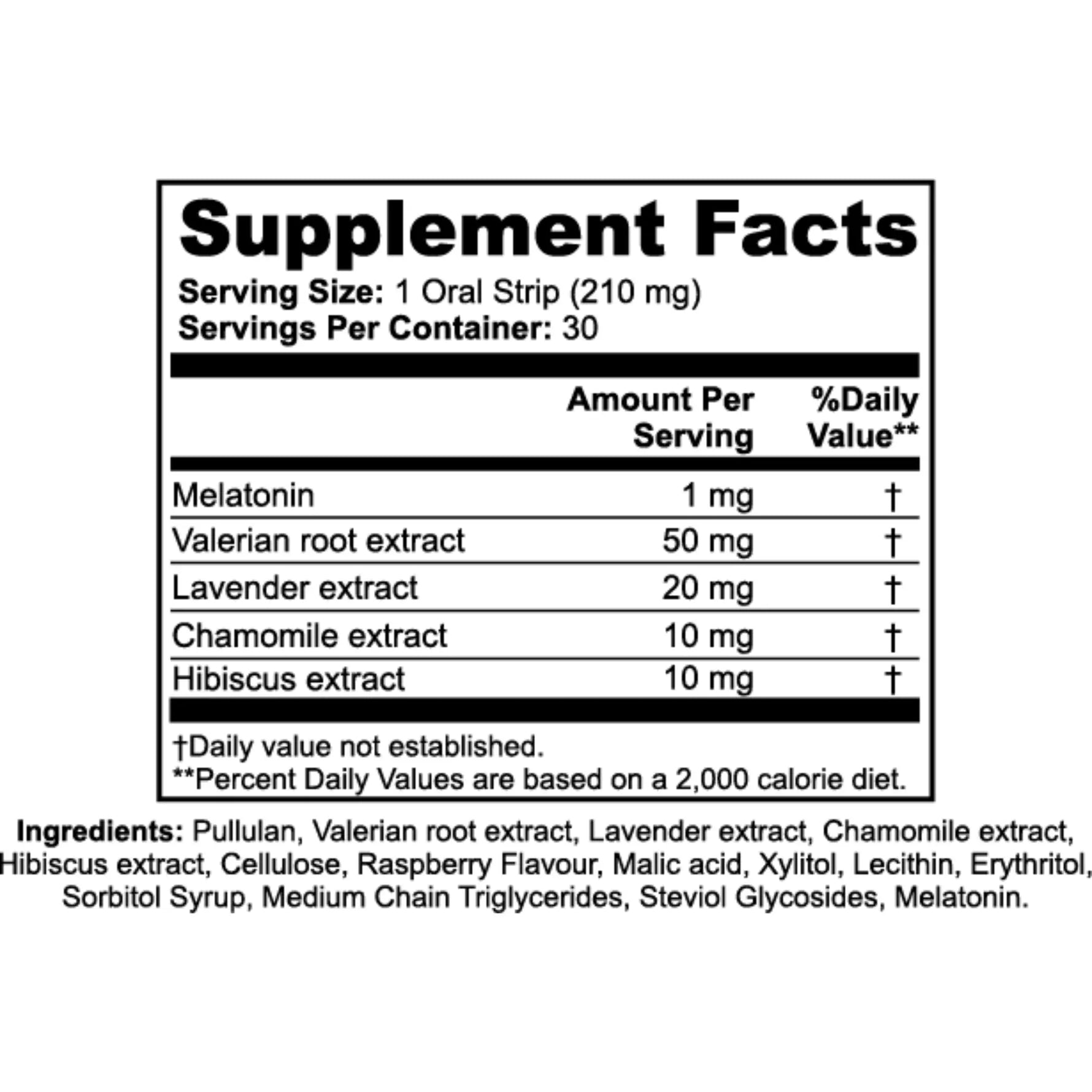 A supplement facts label for a melatonin oral strip product, showing serving size, servings per container, and a list of ingredients including melatonin, valerian root extract, lavender extract, chamomile extract, and hibiscus extract.